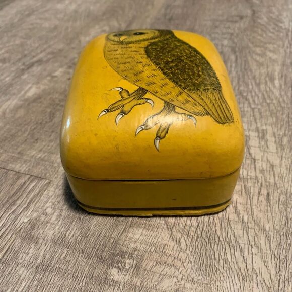 Vintage Owl Decorative Jewelry Box Small 70s Yellow Accent Decor - Picture 2 of 9